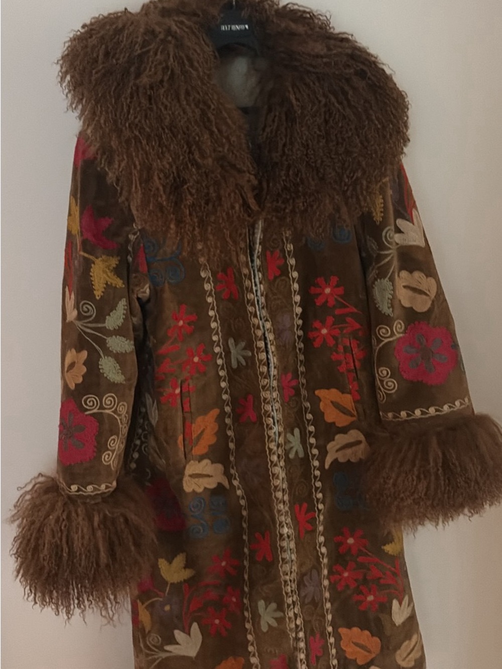 Embroidered Brown Long Coat with Mongolian fur trim